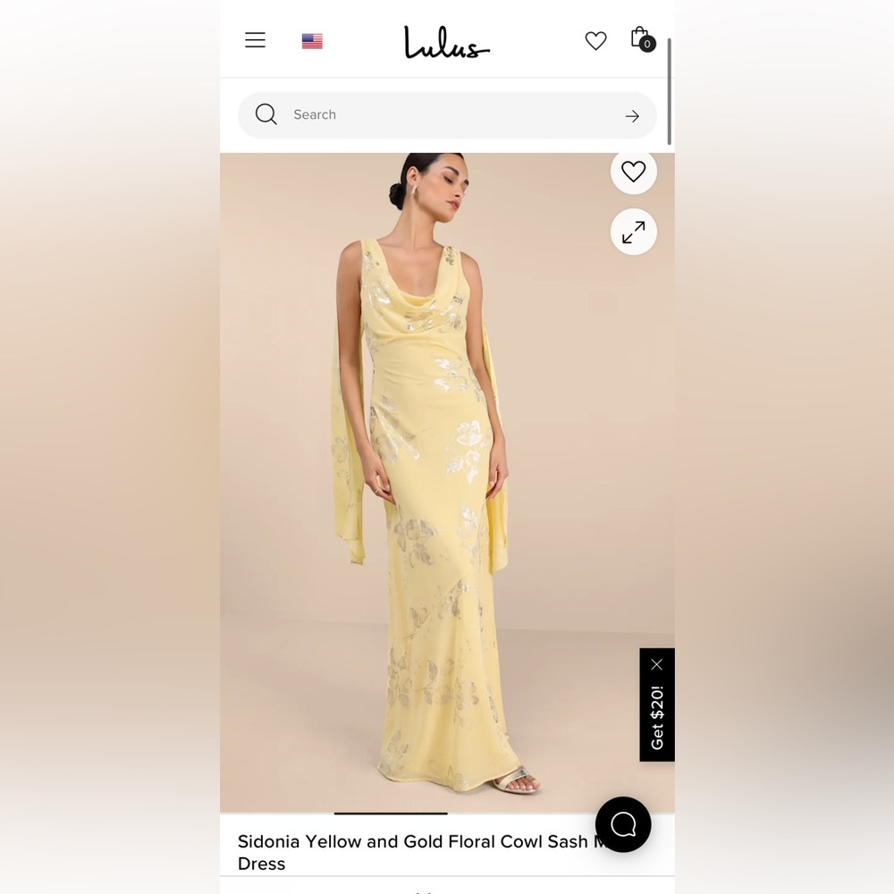 Lulus Sidonia Yellow And Gold Floral Cowl Sash Maxi Dress - Size Medium